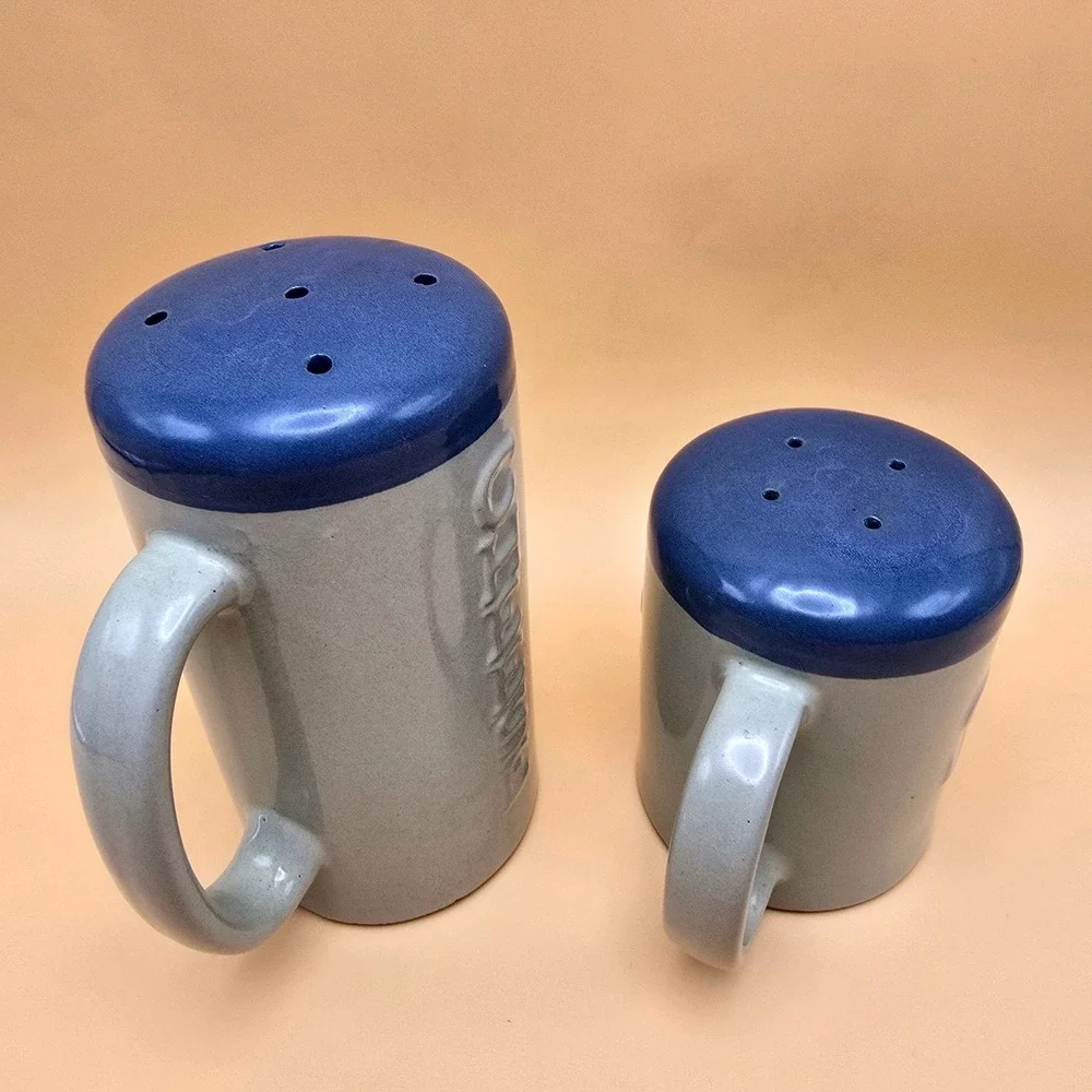 Vintage Ceramic Salt & Cheese Shakers Blue Lids Mug Style w/ Handles 